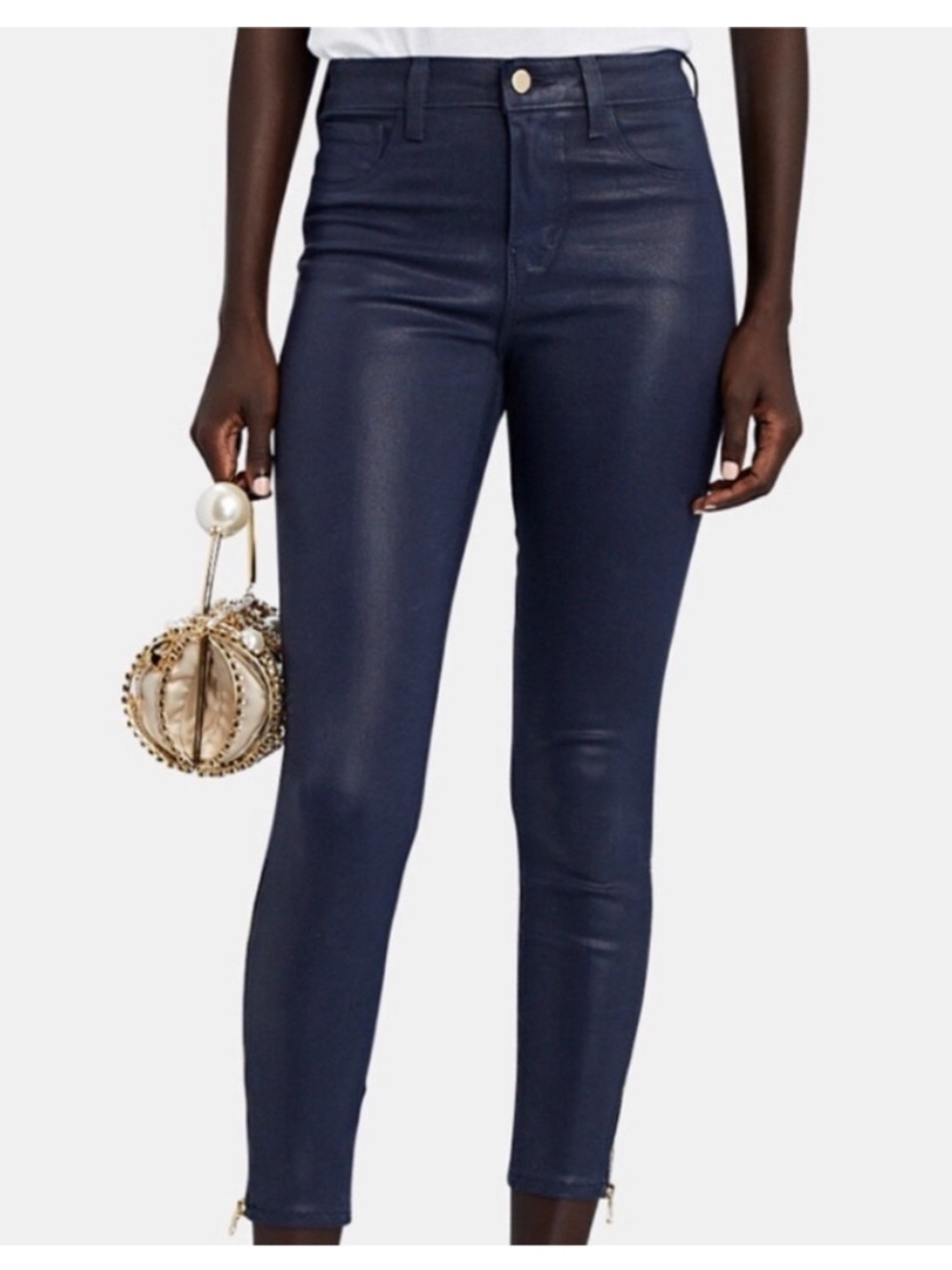 L'AGENCE Navy Coated Skinny Jeans with Ankle Zippers